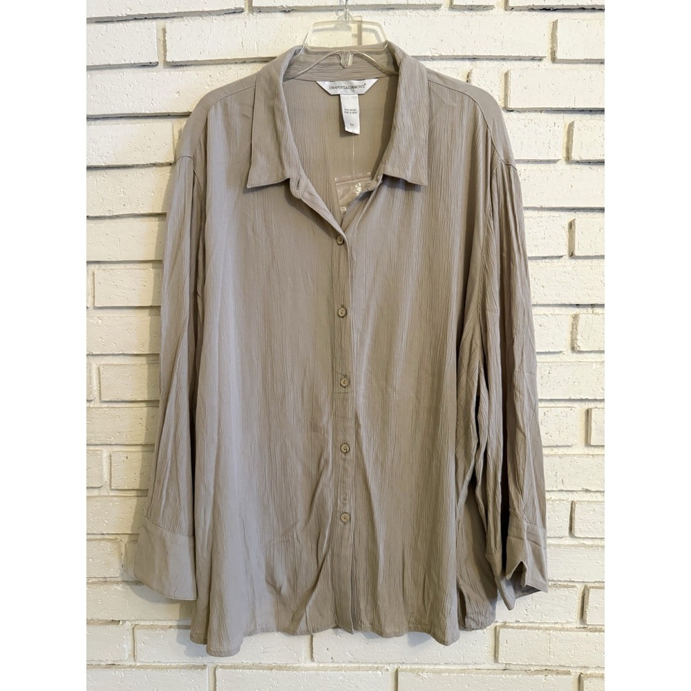 Drapers & Damons Women Size 2X Tan Crinkle Fabric Button Up Blouse NWOT